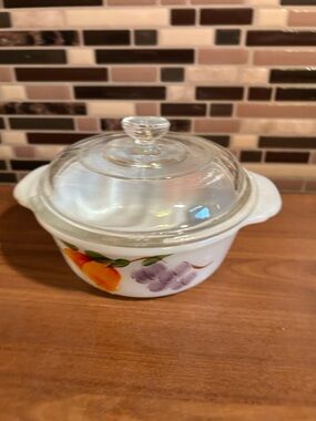 Vintage Fire KingWhite Glass Casserole Dish with Fruit Pattern and Glass Lid